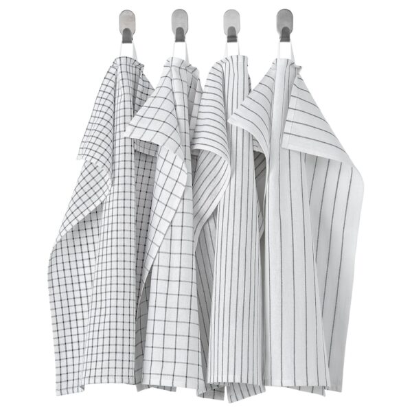 Tea towel, white/dark grey/patterned