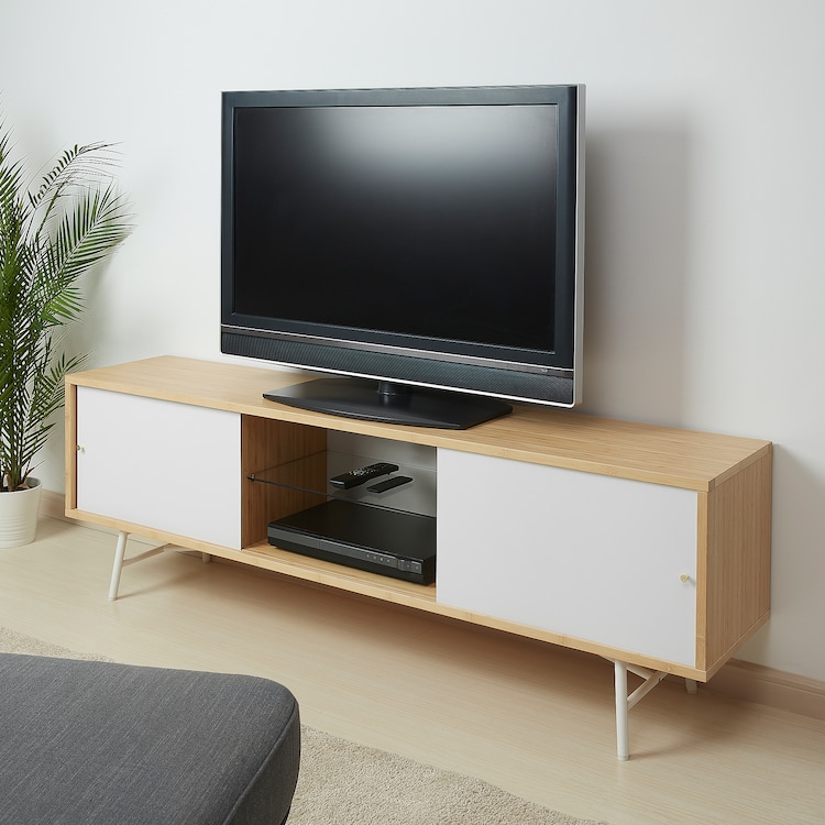 TV bench with sliding doors, bamboo - Image 2